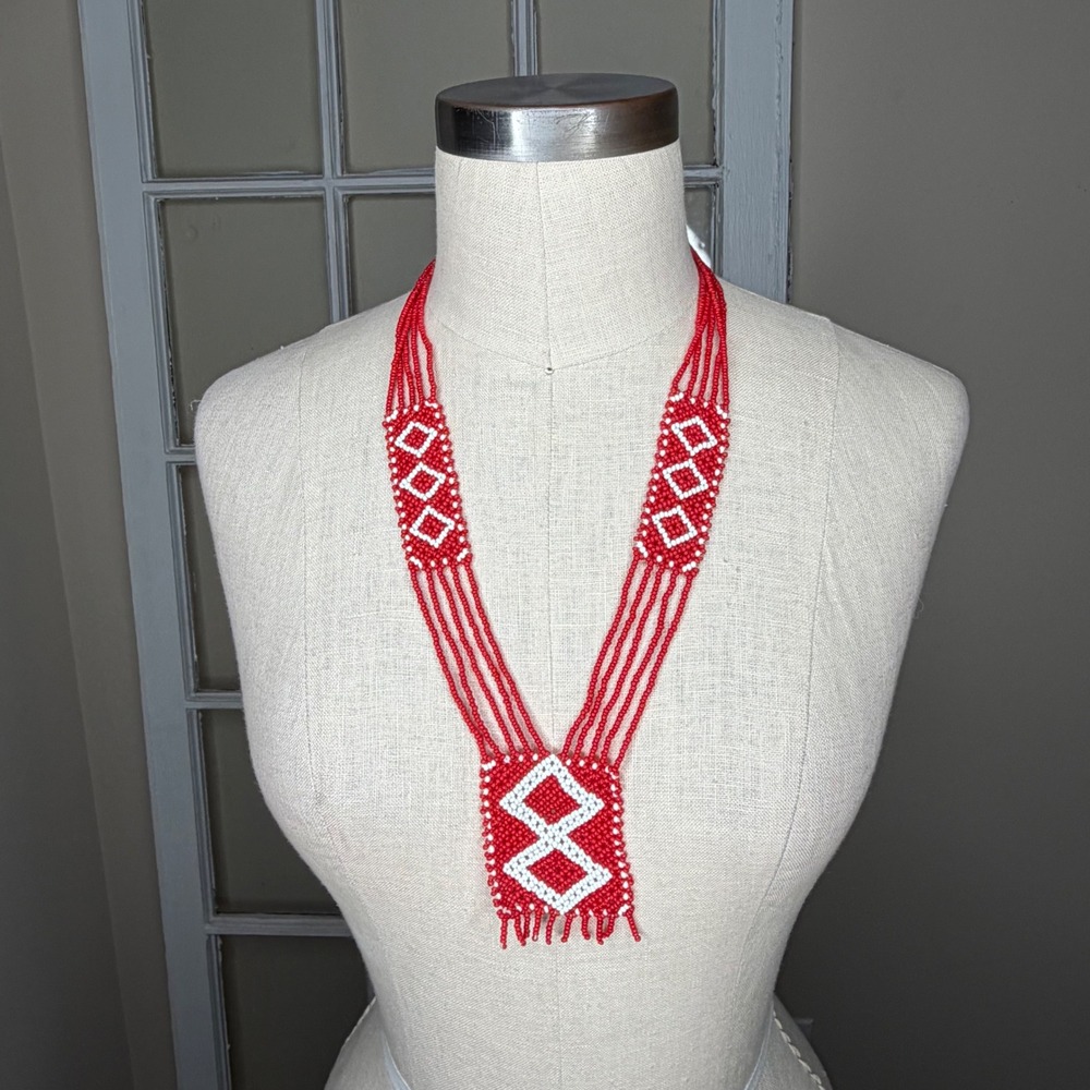Red White Seed Beaded‎ Necklace Red White Geometric Pattern Women's One Size